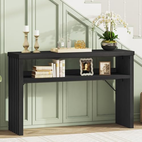 BON AUGURE Black Console Table, 47In Entryway Table with Fluted Open Shelf