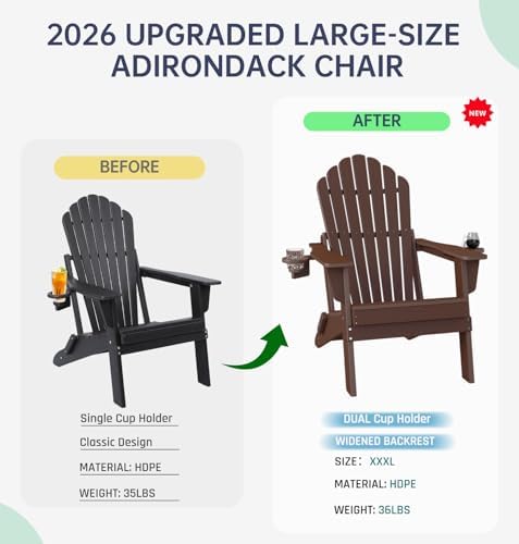 Plawdlik Oversized Folding Adirondack Chair, HDPE Outdoor Chair, Coffee