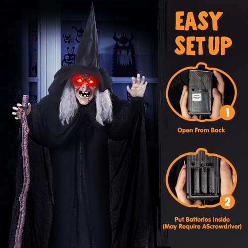 JOYIN Outdoor Halloween Decorations Animatronics Witch with Cane, Life Size A...