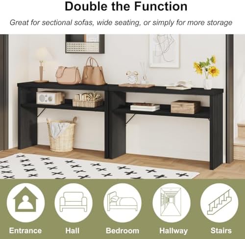 BON AUGURE Black Console Table, 47In Entryway Table with Fluted Open Shelf