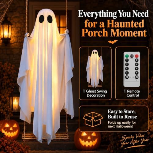 Halloween Hanging Swinging Ghost, 5 FT Light Up Ghost Porch Decor with IP65 R...
