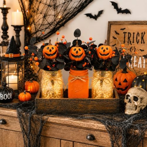 Lighted Halloween Table Centerpiece, Pumpkin Mason Jar Decorations for Home
