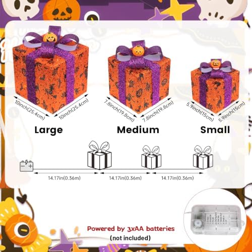 3 Pieces Lighted Boxes Halloween Decorations, Lighted Gift Boxes with Bat,Spi...
