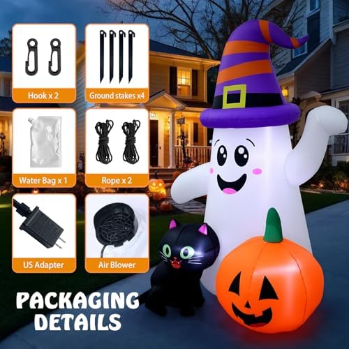 5FT Cute Halloween Inflatables Ghost, Blow Up Wizard Ghost with Pumpkin Black...