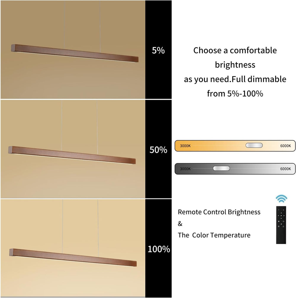 39 Inch Wood Linear Pendant Light Dimmable LED Kitchen Island Lighting with R...