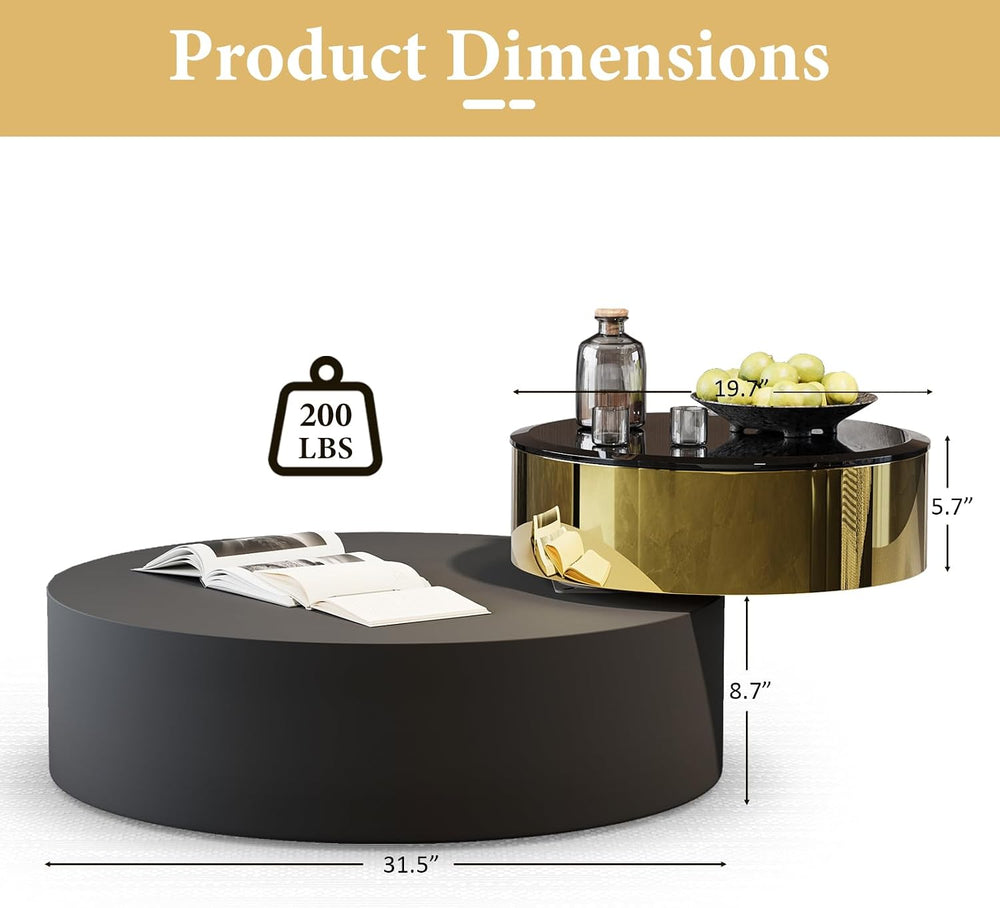 Asday Black Gold Round Swivel Coffee Table, 2 Tiers Rotating Center Table
