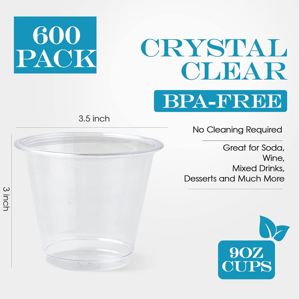 Turbo Bee 600 Pack 9 oz Clear Plastic Cups, Disposable Reusable Tumblers Crys...
