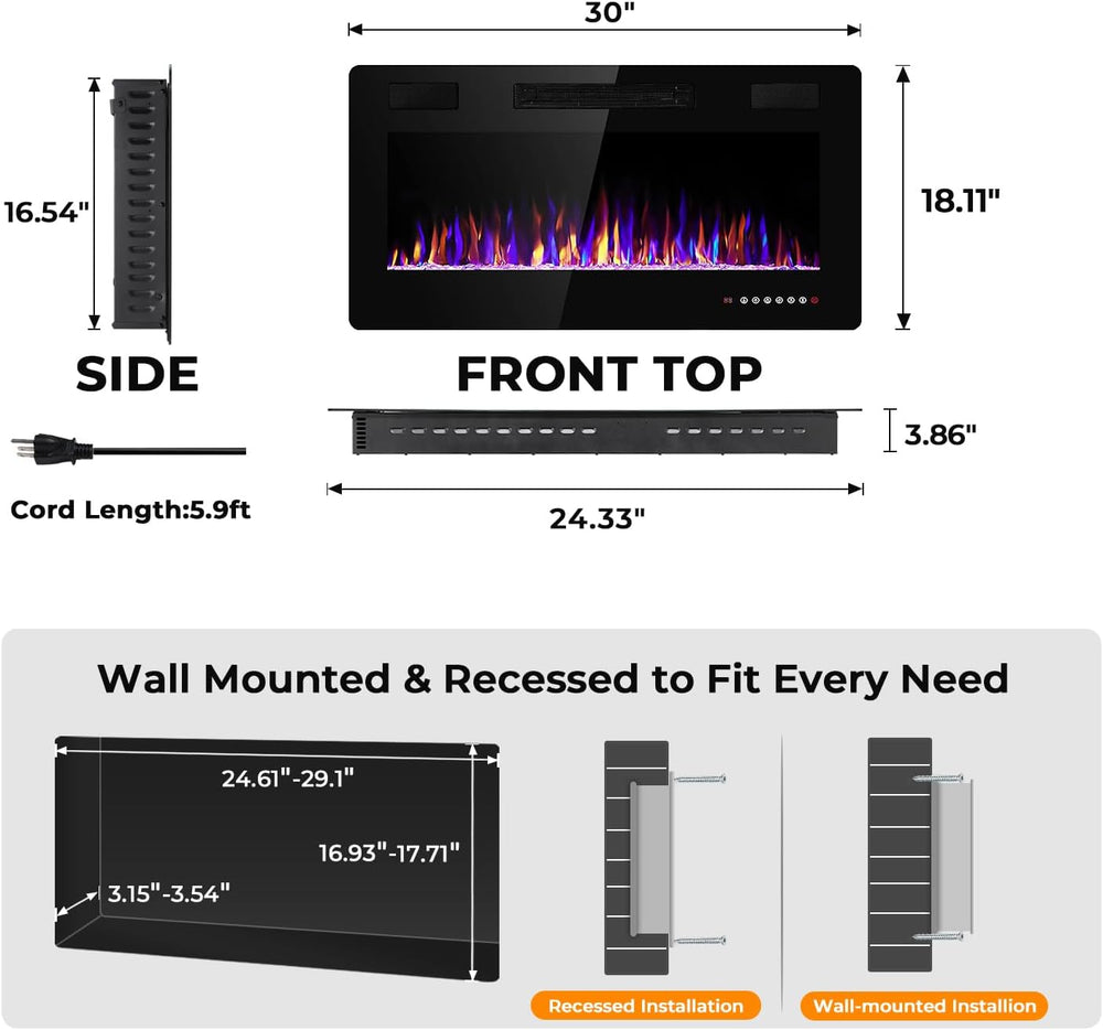 30" Electric Fireplace Insert Recessed and Wall Mounted, 750W/1500W Ultr...