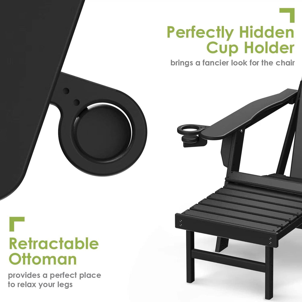 GREENVINES Folding Adirondack-Chairs-with-Ottoman Set of 2, HDPE, Black