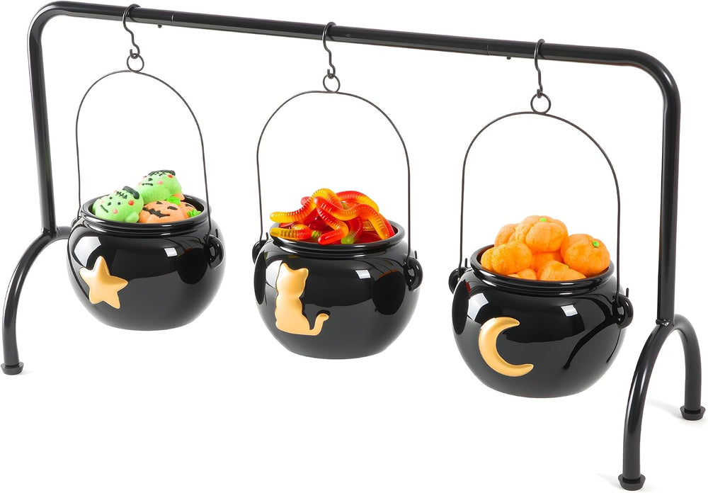 Halloween Decorations 3 Ceramic Witches Cauldron Candy Serving Bowl on Rack, ...