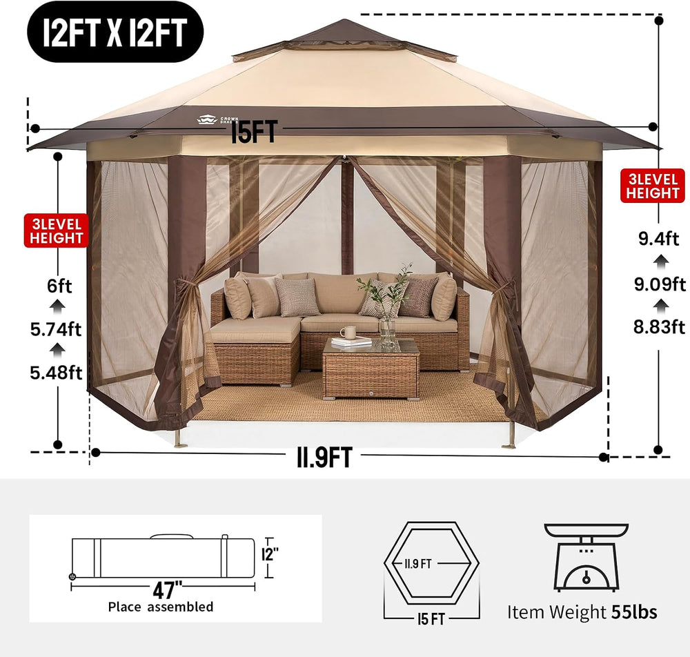 CROWN SHADES 12x12 Pop Up Gazebo with Mosquito Nettings, Patented CENTERLOK 6...