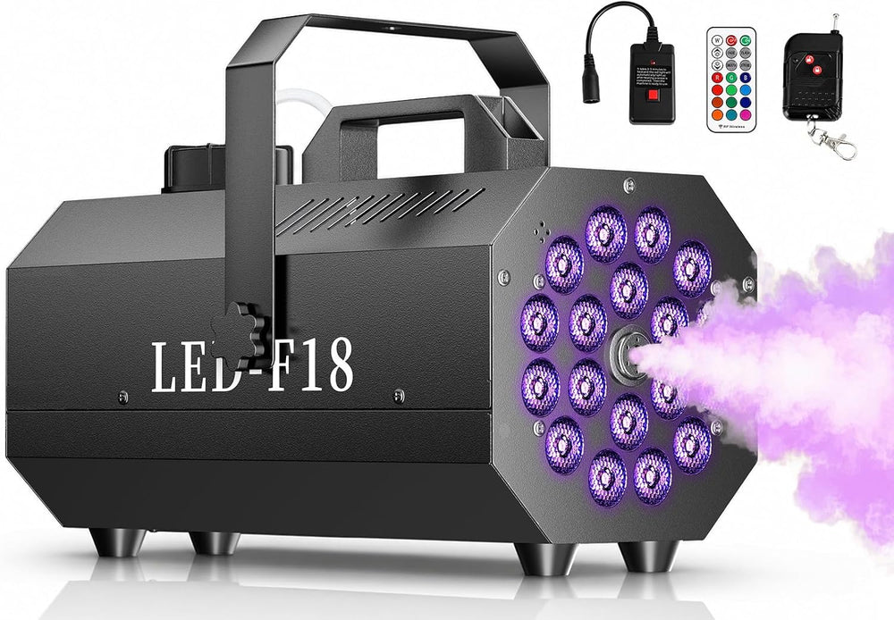 1200W Fog Machine, 6000CFM for Halloween, 18 LED Lights & Remote