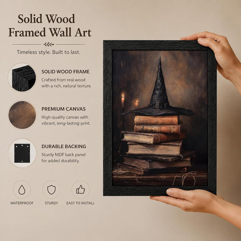 Framed Halloween Wall Art Witch Hat and Spell Books Pictures Painting Dark Ac...