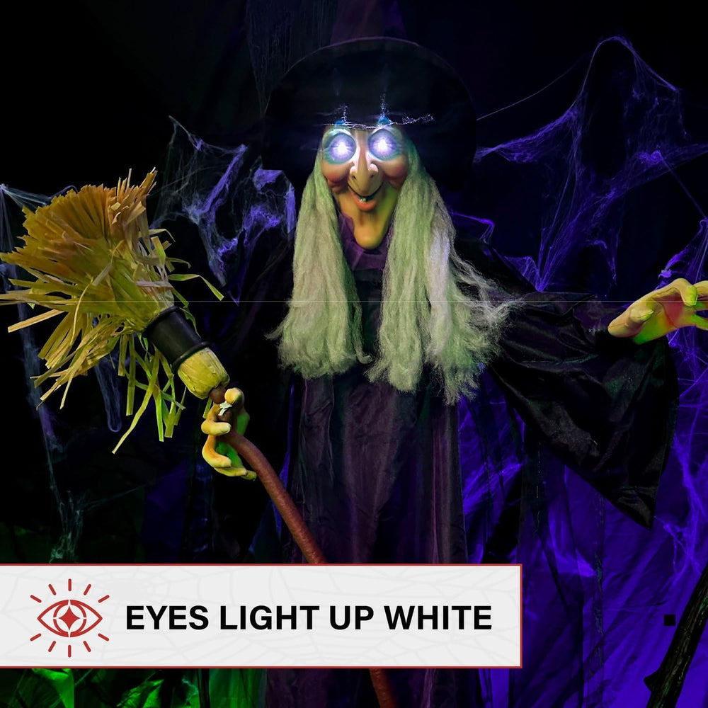 Haunted Hill Farm Life-Size Scary Talking Witch with Broomstick, Halloween An...