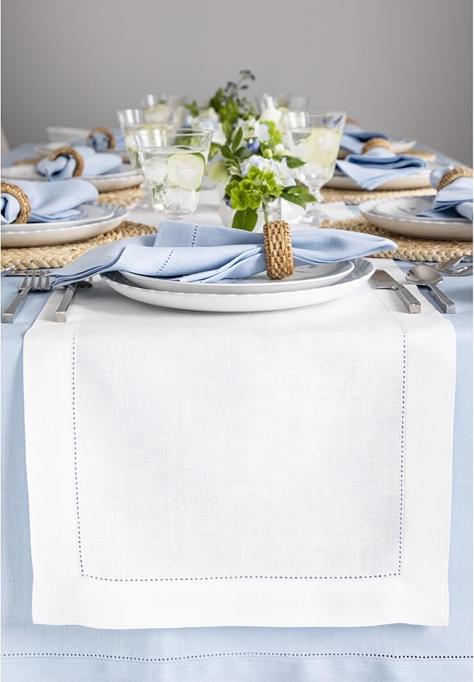 Solino Home Linen White Table Runner 72 Inches Long - 100% Pure Linen Hemstit...
