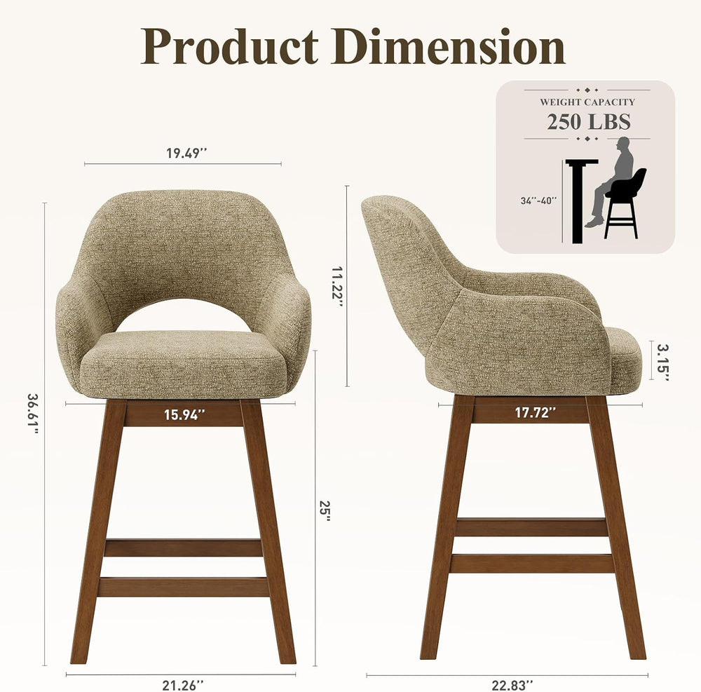 Swivel Bar Stools Set of 2, Modern Fabric Upholstered Counter Height Stools w...
