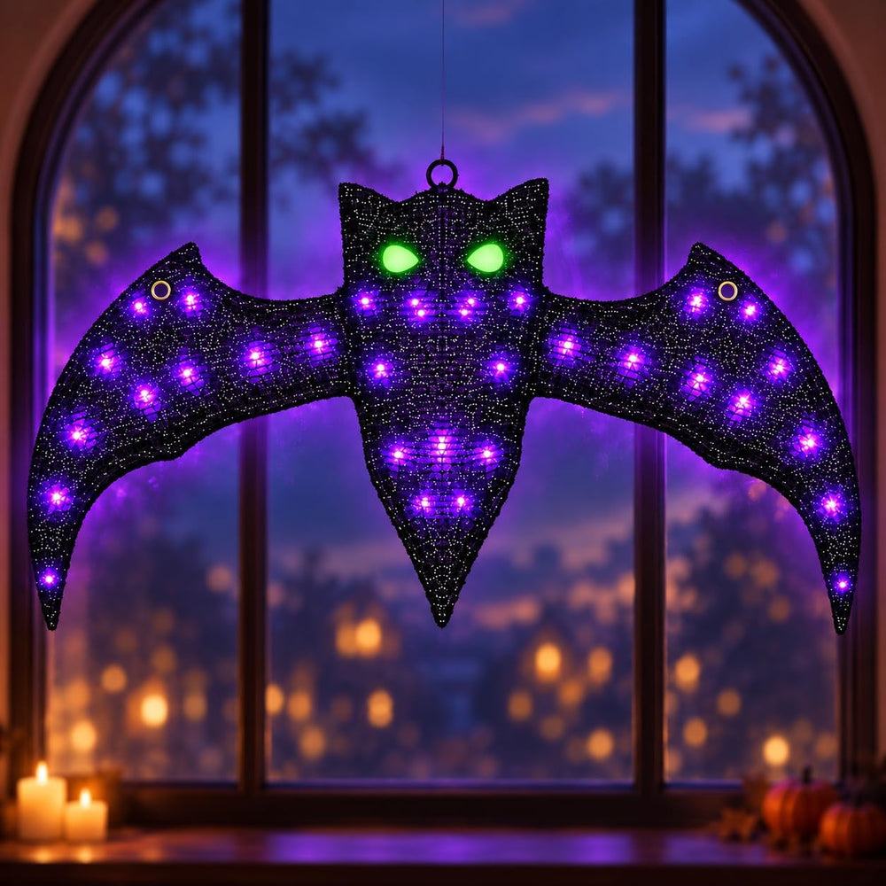 40.9 Inch Lighted Halloween Bat Decoration with Glowing Green Eyes and Purple...