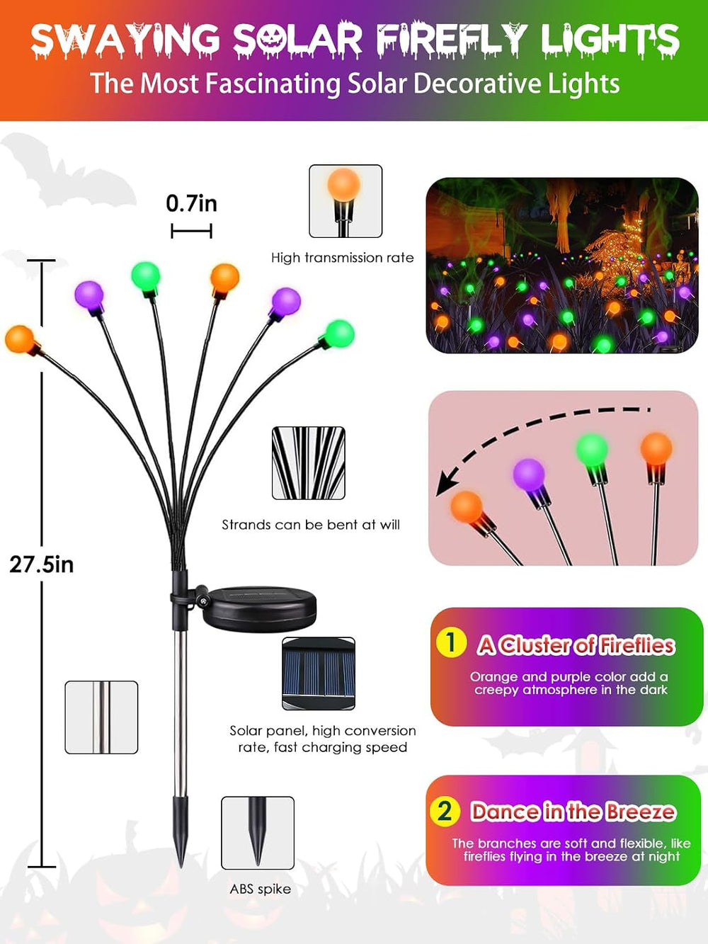 Halloween Solar Lights Outdoor, 6 Pack Firefly Lights Halloween Decorations