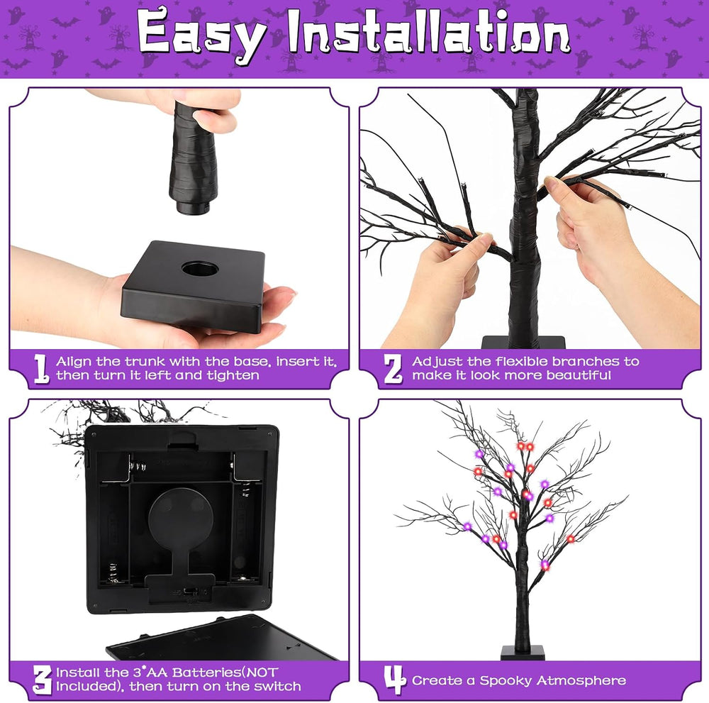 2Pack 24 Inch Halloween Spooky Tree with Lights, Lighted Tabletop Black Tree ...