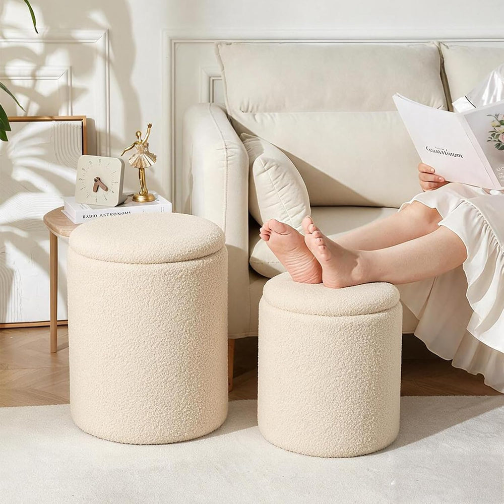 YYW HOME Round Storage Ottoman for Living Room, Beige Ottoman Set of 2