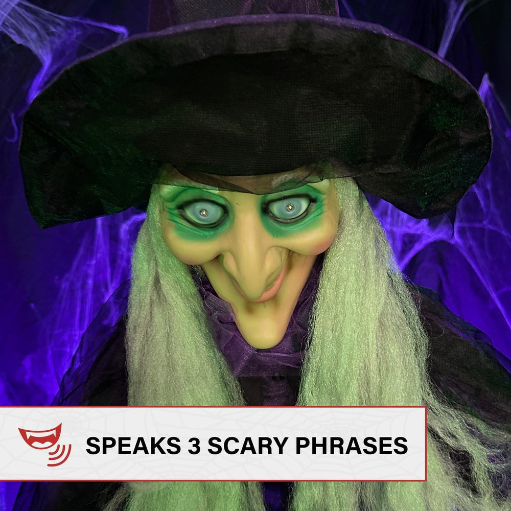 Haunted Hill Farm Life-Size Scary Talking Witch with Broomstick, Halloween An...