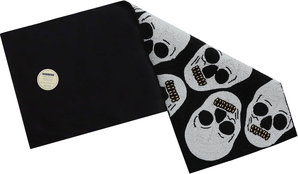 COTTON CRAFT Halloween Beaded Table Runner - Black White Skulls 13x36 inch