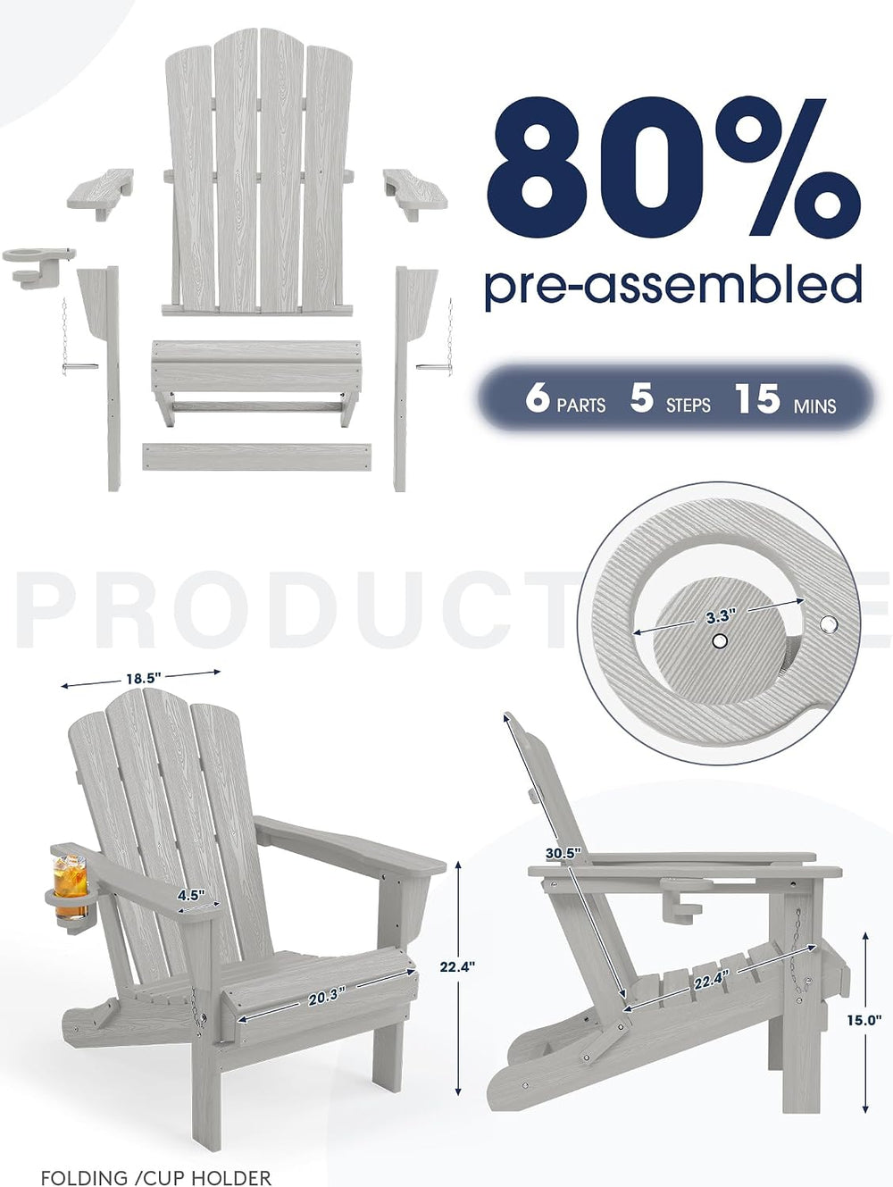 KINGYES Folding Adirondack Chair with Cup Holder, Silver Grey
