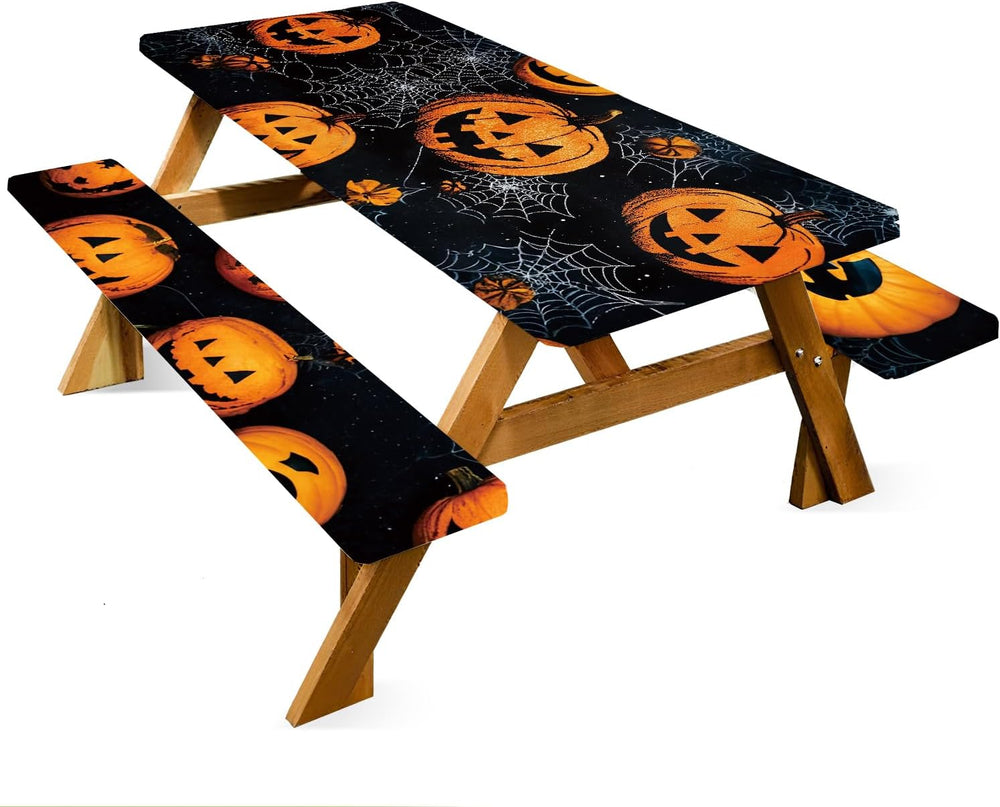 ANNA QUEEN Halloween Pumpkin 6FT Picnic Table Cover Set, Spooky 3PCS 72"...