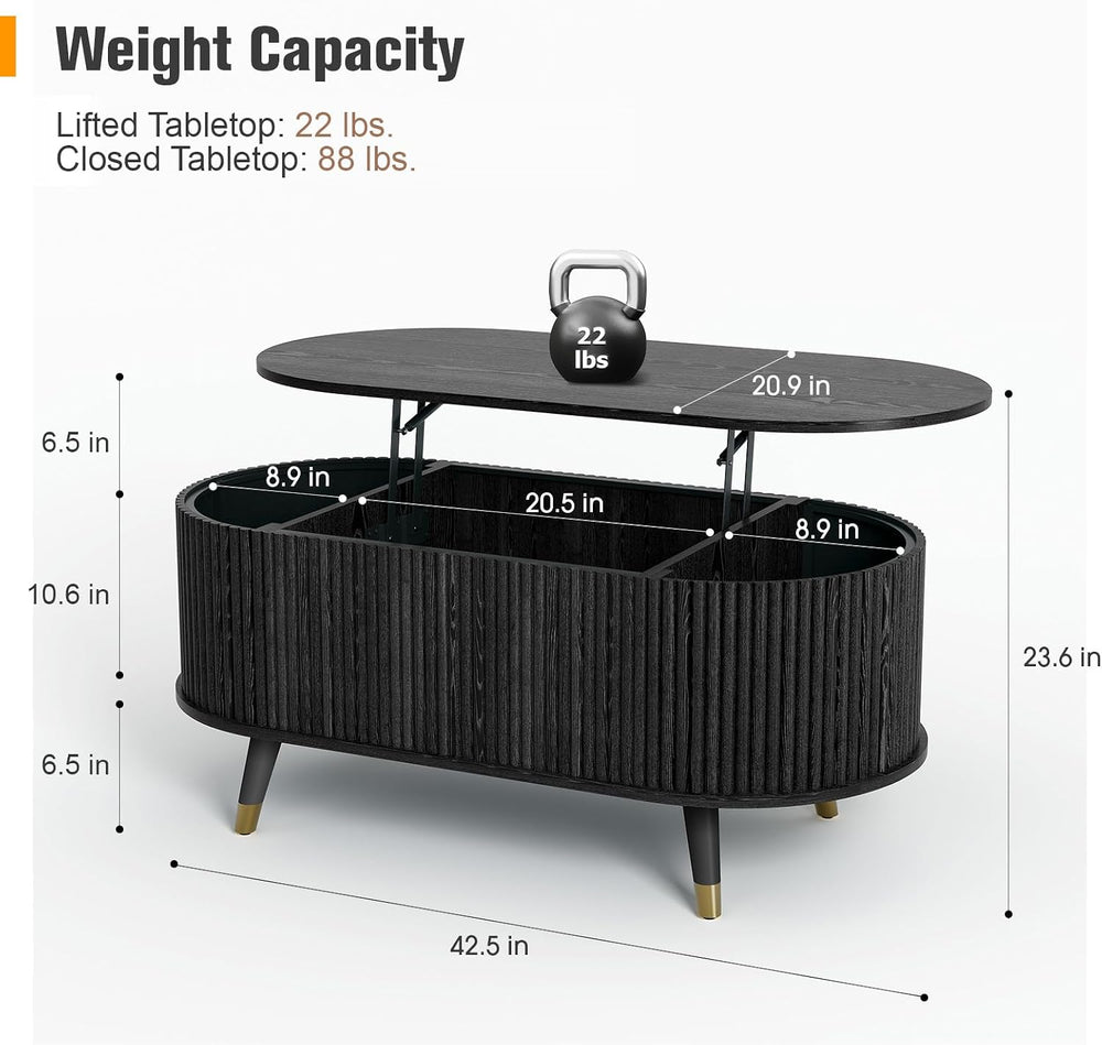 JOINICE Oval Lift Top Coffee Table with Storage for Living Room,42.5",Black