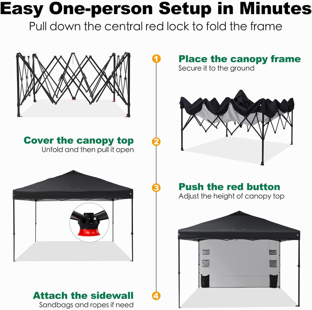 GAFETE Pop Up Canopy Tent Outdoor Sidewall One Push (Black, 12X12)