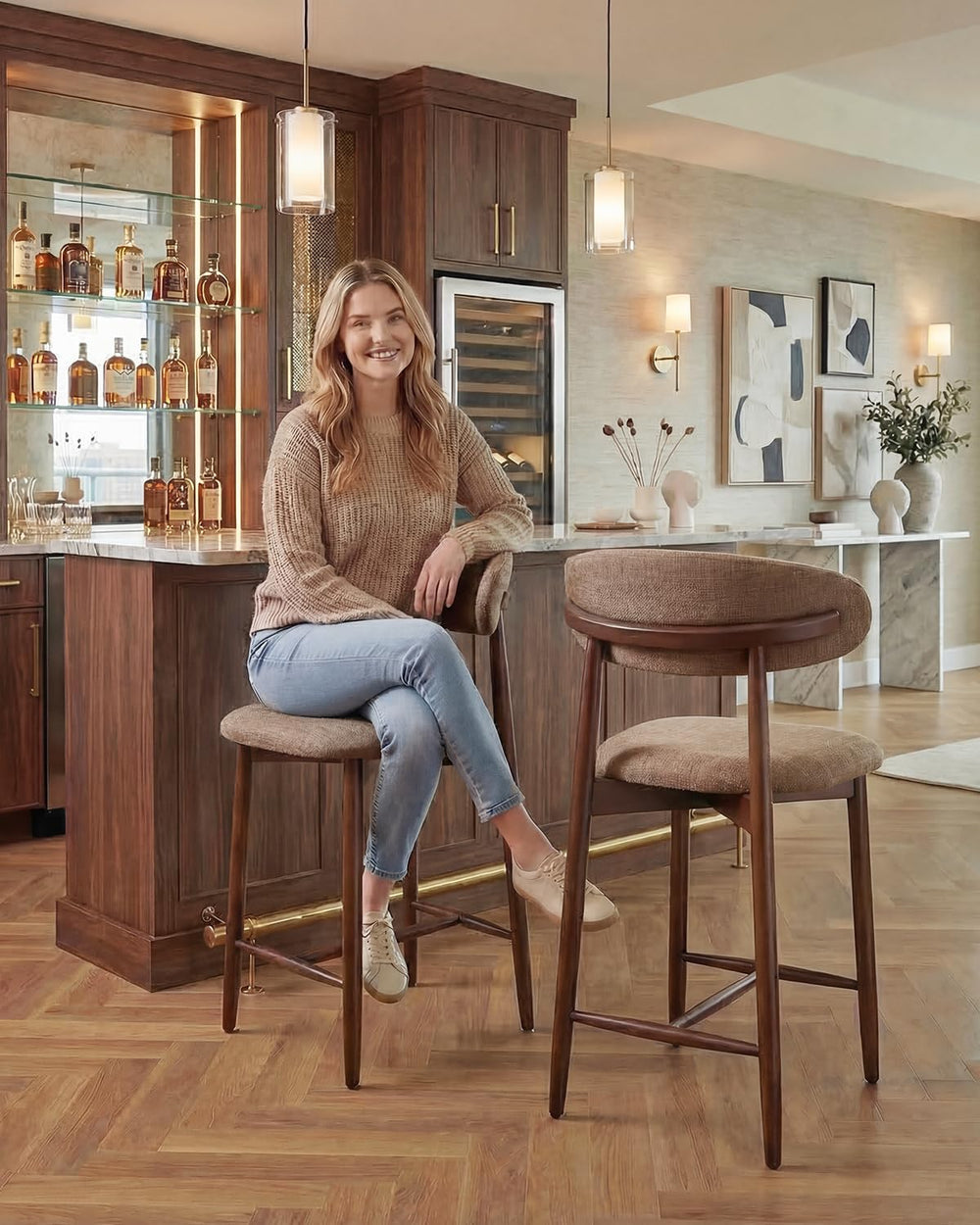 Bar Stools Set of 1, 25.6″ Counter Height Bar Stools with Wood Legs