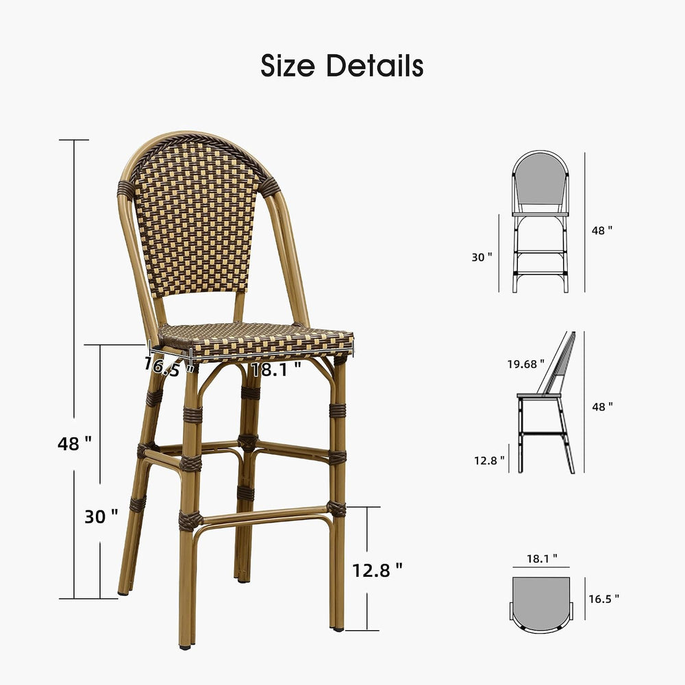 PURPLE LEAF Bar Stools French Rattan 30" Set of 4 High-Back, Brown