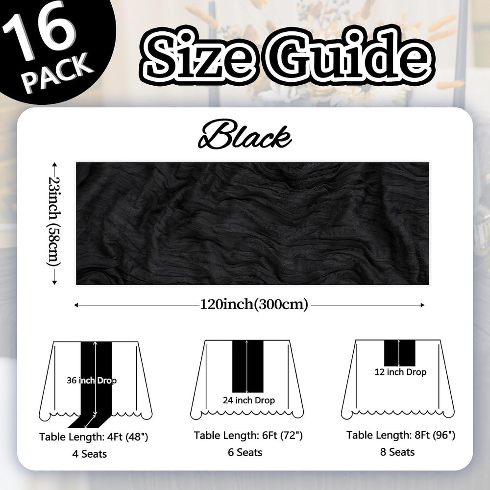 16 Pack Black Cheesecloth Halloween Table Runner 10ft 23x120 Inch