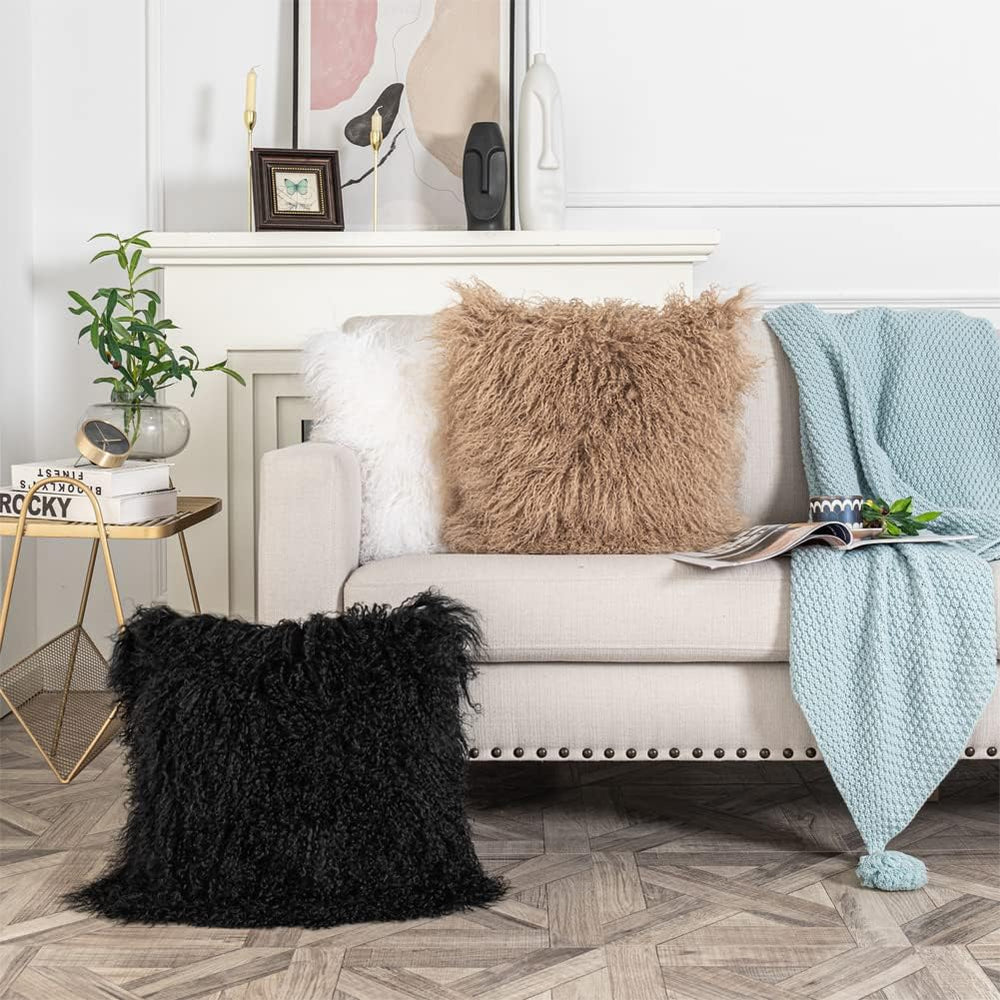 Mongolian Lamb Fur Throw Pillow Covers 16 x 16 Inch, Khaki