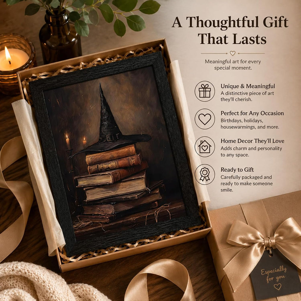 Framed Halloween Wall Art Witch Hat and Spell Books Pictures Painting Dark Ac...