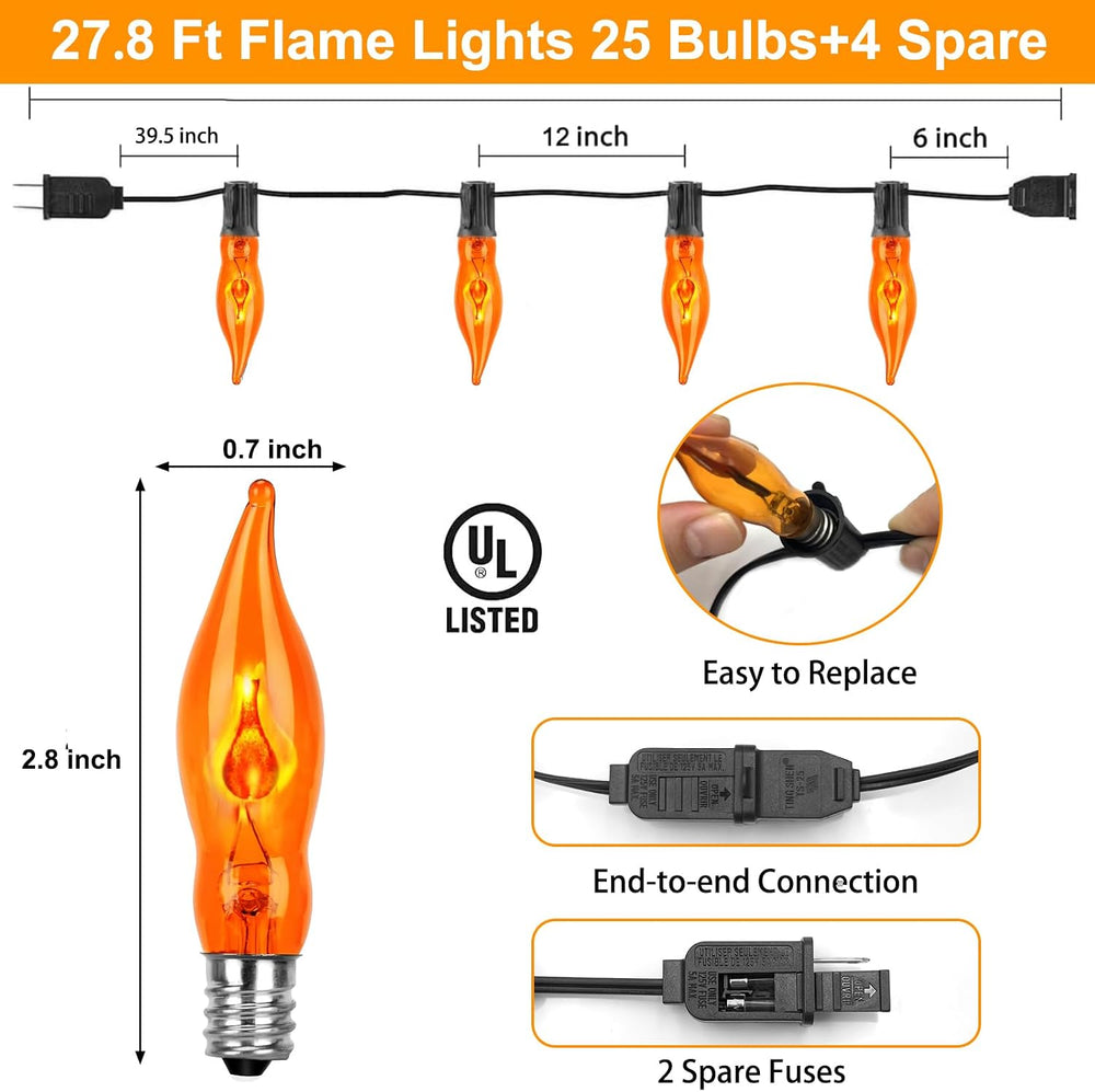 Halloween Lights 27.8 FT Flickering Flame String Lights with 25 Orange C18 Li...