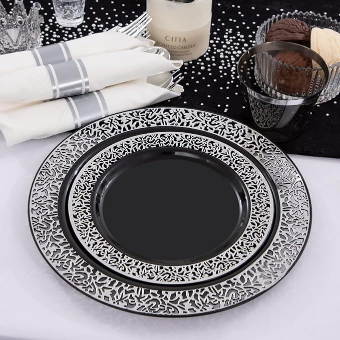 NOCCUR 210PCS Black and Silver Dinnerware Set for 30 Guests - Black Plastic P...
