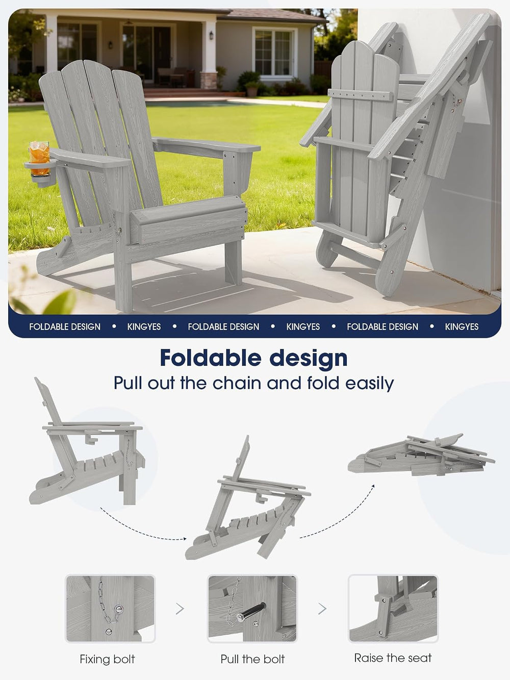KINGYES Folding Adirondack Chair with Cup Holder, Silver Grey