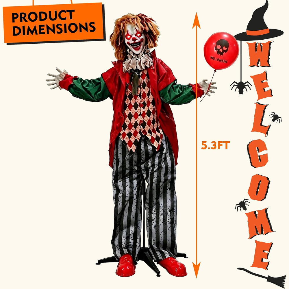 Hourleey 5.3FT Halloween Animatronics Clown Decorations, Sound Activated Stan...