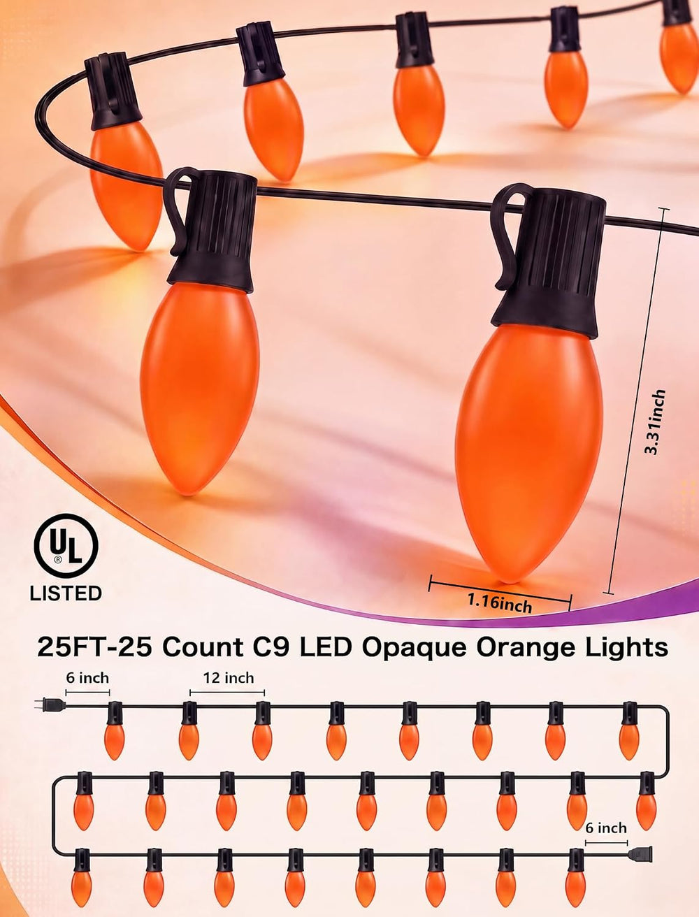 SUNSGNE C9 LED Halloween Orange String Lights 25FT Outdoor String Lights with...