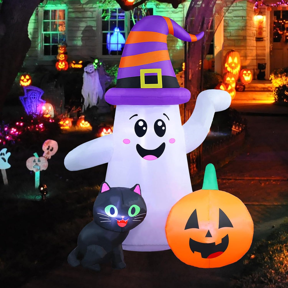 5 FT Halloween Inflatables, Cute Ghost with Pumpkin Black Cat Blow Up