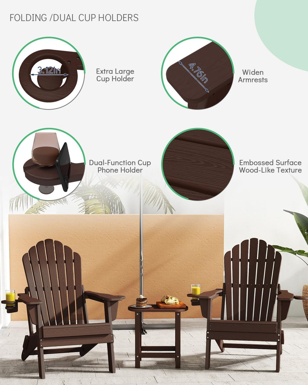 Plawdlik Oversized Folding Adirondack Chair, HDPE Outdoor Chair, Coffee
