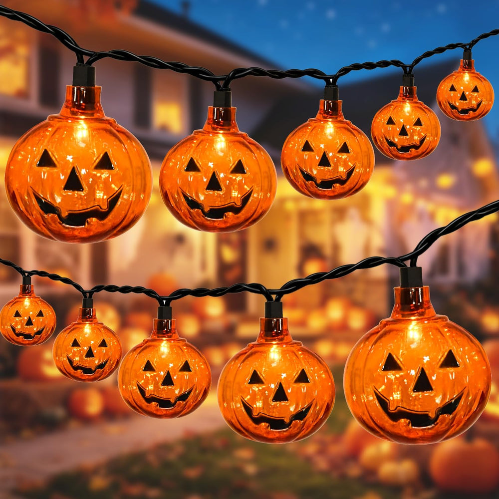 12Ft 20 LED Halloween Pumpkin String Lights Plug in Jack O Lantern Lights wit...