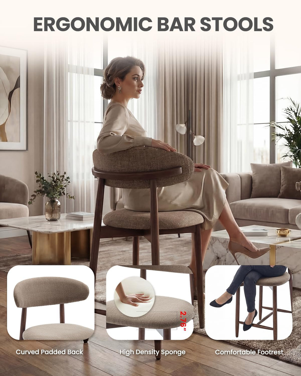 Bar Stools Set of 1, 25.6″ Counter Height Bar Stools with Wood Legs