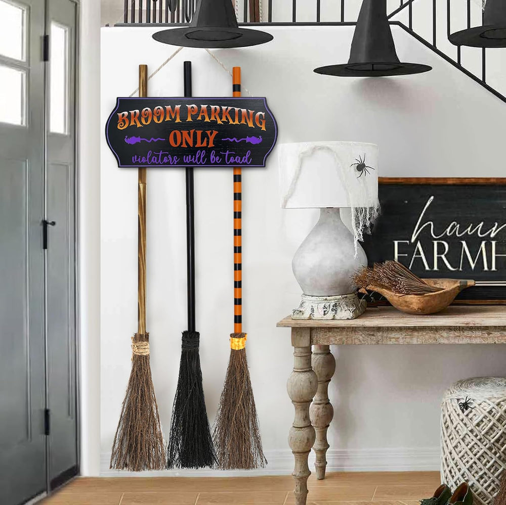 Halloween Decorations - Broom Parking Sign with 3 Wooden Witches Brooms