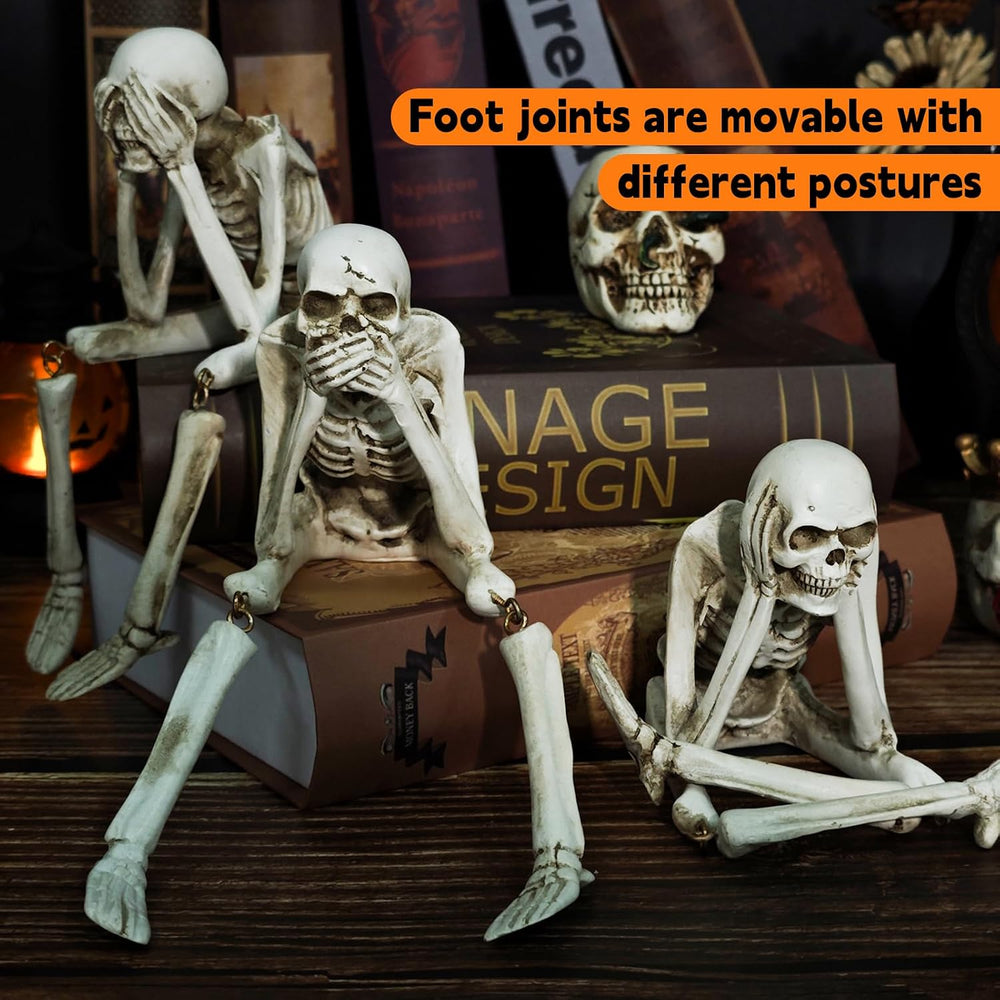 Halloween Skeleton Statues Set of 3, White Halloween Resin Skeleton Decor