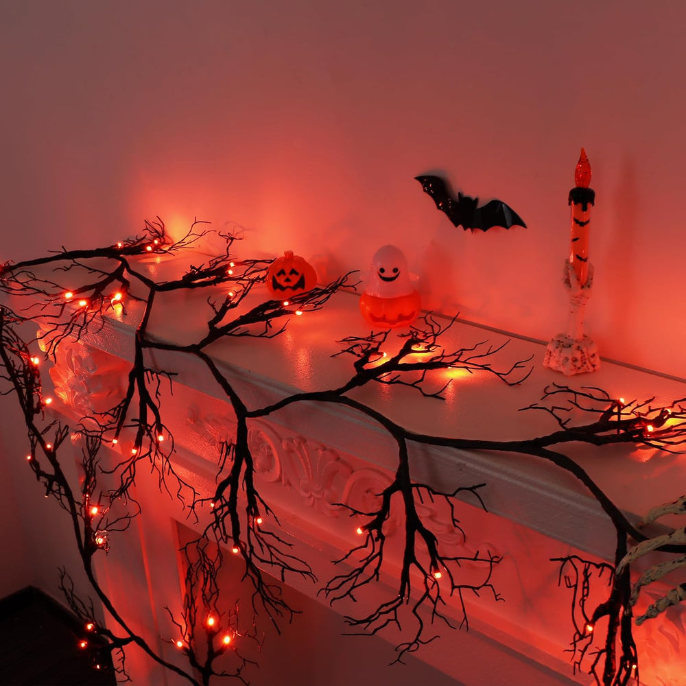 9 Ft 66 LED Willow Vine Twig Decor Black Halloween Garland with Orange Lights...