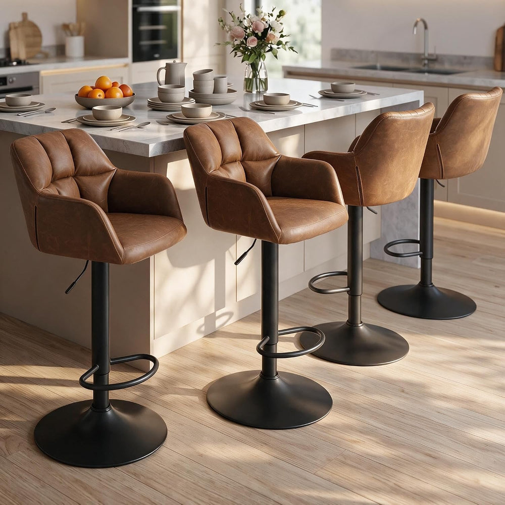 ROCITY Swivel Bar Stools Set of 2, Adjustable Height, Brown Faux Leather
