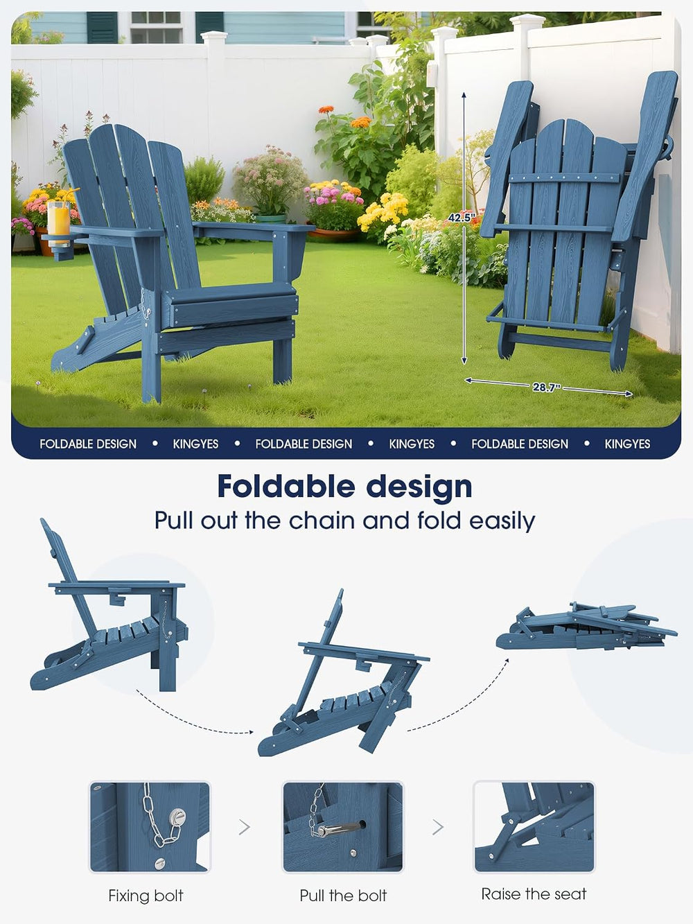 KINGYES Folding Adirondack Chair, All-Weather HDPE Material, Navy