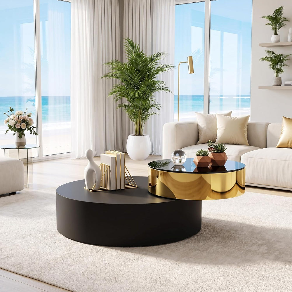 Asday Black Gold Round Swivel Coffee Table, 2 Tiers Rotating Center Table
